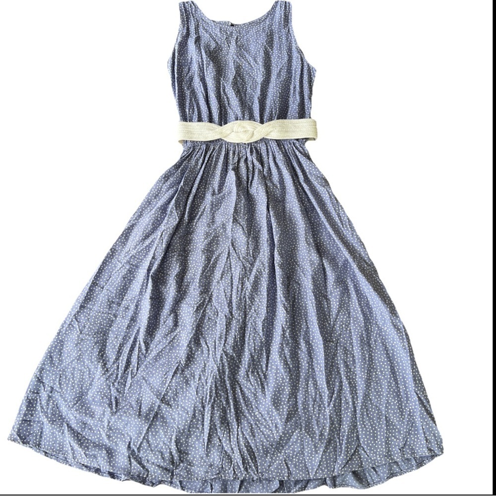 Vintage 90’s Old Money Belted Perwinkle Polka Dot Sleeveless MIDI Dress Small